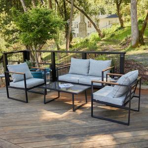 EAST OAK Courtyard Patio Furniture Set, 4-Piece Outdoor Patio Set with Sofa, Removable & Washable Deep Seating Cushion, Tempered Glass Table, Outside Patio Conversation Sets, Black & Grey