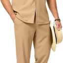 Men's Beach Outfit 2 Piece Casual Button Down Shirt Short Sleeve Loose Shirts and Pants Vacation Sets for Men (X-Large, Khaki)