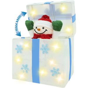 Animated Christmas Snowman in Lighted Gift Box, Christmas Light Gift Box White for Outdoor Indoor Decorations - Xmas Pop Up Snowman Presents Box, Porch Yard Under Tree Ornaments Holiday Decor