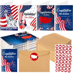 100 Sets New Citizen Cards, American Congratulations Greeting Cards with Envelopes and Stickers American Flag Patriotic Gift Set for Men Women