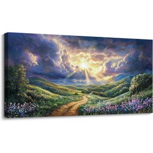 HKDGOKA Large Landscape Canvas Wall Art, Green Mountains Purple Clouds Flower Scenery Canvas Pictures Paintings Artwork for Living Room Bedroom Office Kitchen Home Wall Decor 29x58 IN