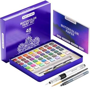 ARTISTRO Watercolor Paint Set – 48 Vivid Colors in Portable Box, Including Metallic & Fluorescent Shades – Travel Art Kit for Artists, Hobbyists & Painting Lovers (Premium Home)
