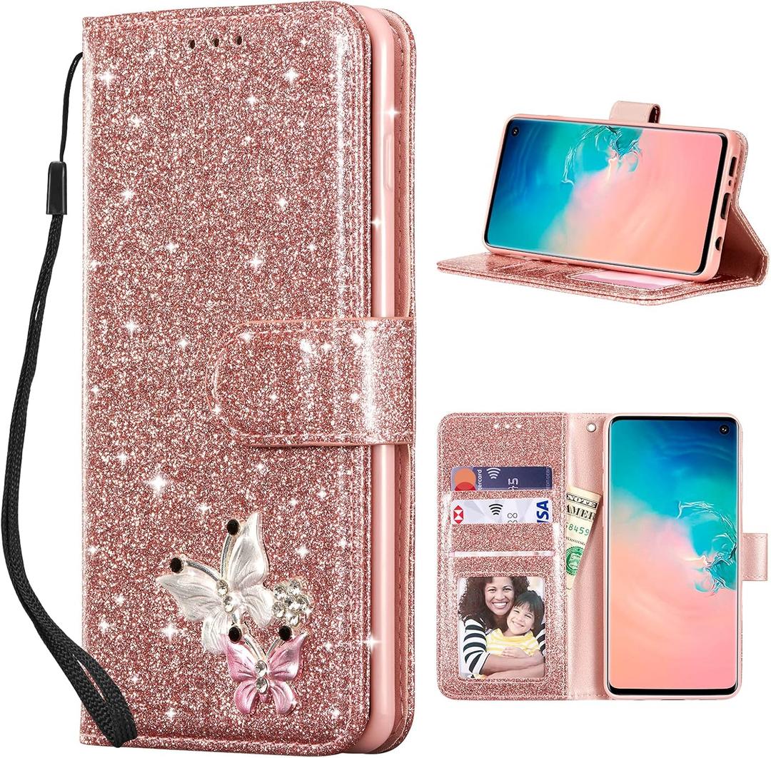 UEEBAI Wallet Case for Samsung Galaxy S10 Plus, Glitter PU Leather Phone Case Card Slots Kickstand Case Magnetic Closure Bling Flip Case Shockproof Hand Strap Flip Cover - Rose Gold