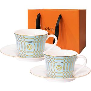 YALONG Ceramic Tea Cup and Saucer Set of 2, 7oz, Cappuccino, Latte Coffee Cup, Suitable for Afternoon Tea, Breakfast Tea and Dessert, Bone China, Light Blue Circular Gold Edge