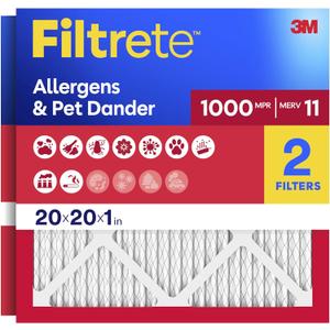 Filtrete 20x20x1 Air Filter, MERV 11, MPR 1000, Allergens & Pet Dander, 3-Month AC and Furnace Filters, Cleaner Air, Reliable Airflow, 2 HVAC Filters (Actual Size 19.68 x 19.68 x 0.81 in)