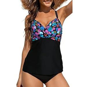 Halcurt Women's Twist Front Tankini Swim Top Only V Neck Loose Fit Bathing Suit Push Up Swimsuit Top Multicolor Dots XL