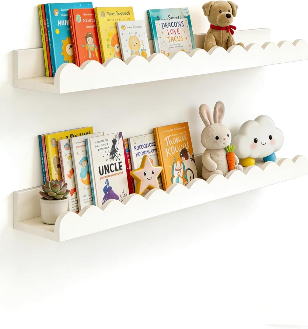 Floating Nursery Book Shelves, Scalloped Shelves for Kids Room 20 Inches, Nursery Bookshelf for Wall Set of 2, Nursery Shelves for Wall Wood, White