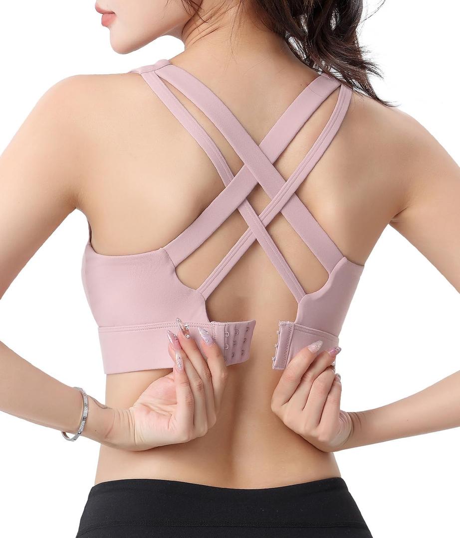 Sports Bras for Women, Criss-Cross Back, Adjustable Wire-Free Medium Support Workout Bra with Removable Cups (Large, Pink - 3 Adjustable Hook)