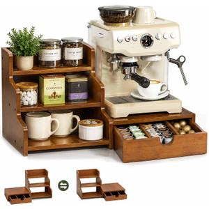 Coffee Station Organizer with K Cup Holder Drawer for Countertop, Coffee Tea Bar Accessories Office Corner Stand Station, 28 Pods Holder Drawer 3-Tier Trapezoidal Wooden Syrup Organizer Rack