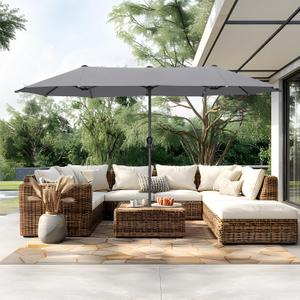 PHI VILLA 13ft Large Patio Umbrellas, Double-Sided Outdoor Market Rectangle Umbrella for Outside, Light Gray