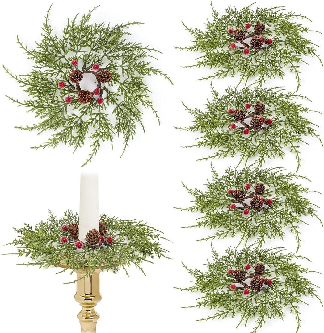 6 PCS Christmas Pine Taper Candle Rings Wreaths 1.38" Mini Norfolk Pine Taper Candle Holder Wreaths Candle Rings with Berry Pinecones for Xmas Holiday Church Home Table Centerpiece Candlesticks Decor