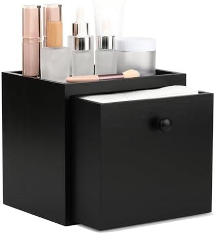 eggs sound Disposable Face Towel with Bamboo Drawer Storage Box - Face Towelettes Disposable XL, Facial Towels Makeup Organizer for Clean Face Towels, Makeup Remover Washcloths 50 Ct-Black Box