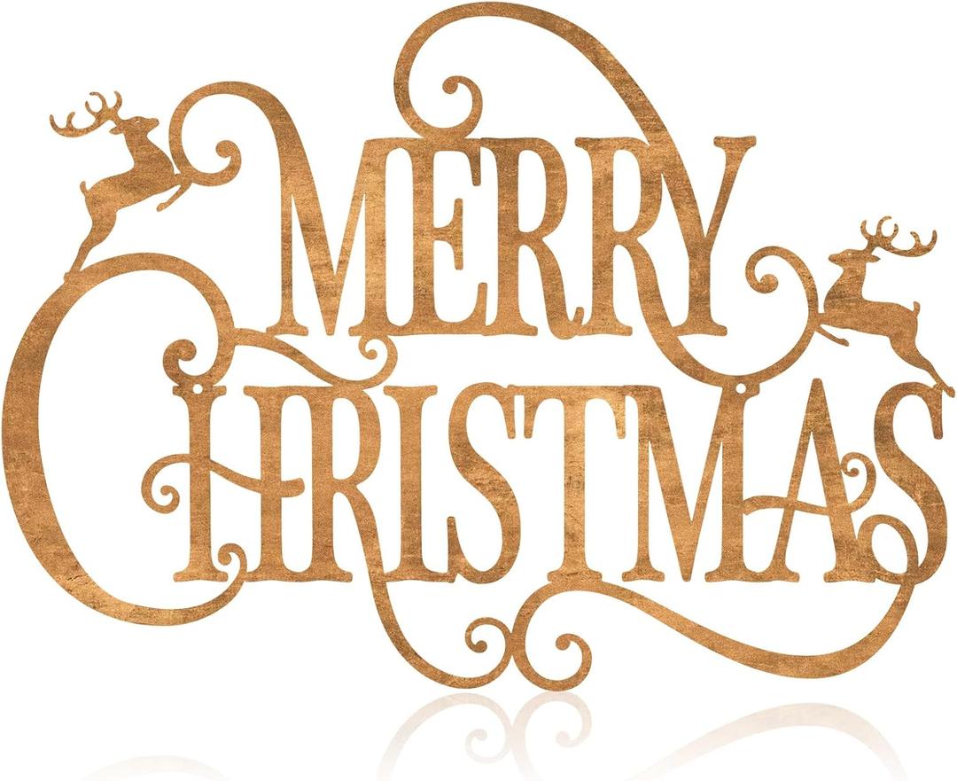 Boao 15 x 10.8 Inches Large Metal Christmas Hanging Sign Merry Christmas Word Sign Rustic Metal Letters Wall Decor for Indoor Outdoor Yard Party Ornaments (Antique Brass)