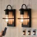 Vintage 3 Color Temperature Battery Operated Wall Lights with Faux-Wood Finish, Dimmable Remote Control Wall Lamp No Wiring Easy to Install, Cordless Rechargeable Wall Sconce for Hallway