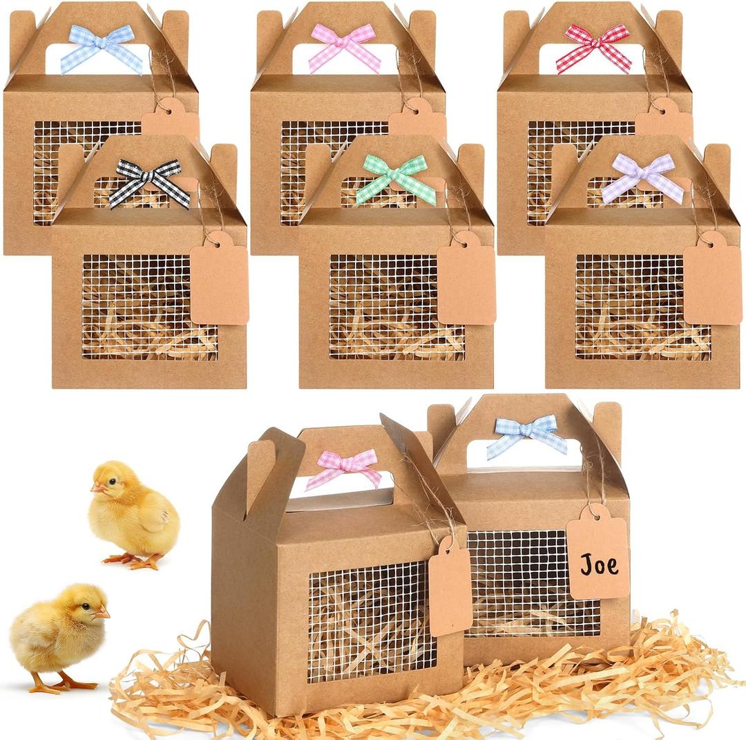 Easter Chicken Favor Boxes Adopt Chick Party Decoration Farm Animal Foldable Treat Goodie Boxes with Raffia Bow Window Screen Tags Chicken Coop Party Supplies for Adopt Chick Farm Birthday 12 Pcs