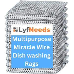 3 x Non Scratch Wire Dishwashing Rag, 8 Pack Double Layer Reusable Wire Dishcloth, Silver Mesh Metal Cleaning Cloth for Pots, Pans, Sink, Steel Cookware, Wet & Dry Cleaning