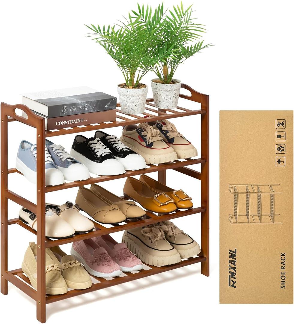 4 Tier Bamboo Shoe Rack, Free Standing Shoes Rack Shoe Shelf Shoe Organizer for Closet, Entryway, Bedroom, Living Room, Front Door, Studio, Bathroom, 27 inches x 10.2 inches x 27 inches