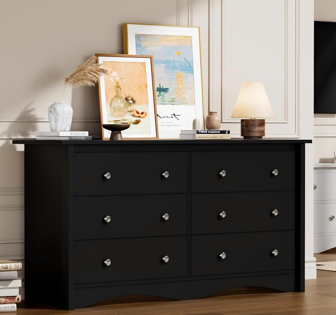 Flamaker Dresser for Bedroom, 6 Drawer Dresser, 47.2'' Wood Dressers, Wide Chest of Drawer, Storage Drawers, Storage Organizer for Closet, Hallway (Black)