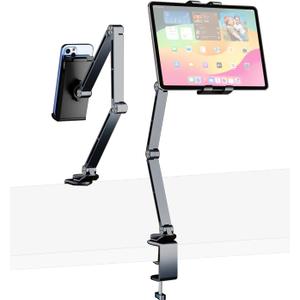 iPad Mount for Desk Aluminum Alloy Tablet Stand Foldable Overhead Arm Holder Mount Fits for 4.7-15.6" Screen Phone,Kindle,Fire HD,Monitor,iPad,Galaxy Tab Series (Gray)