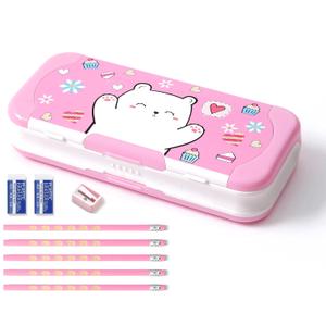 Multifunction Pencil Case with Supplies for Kids, Pencil Holder for Students, Cute Pencil box for Girls and Boys with Pencil, Erasers, Sharpener, Back to School Supplies (Pink Bear)