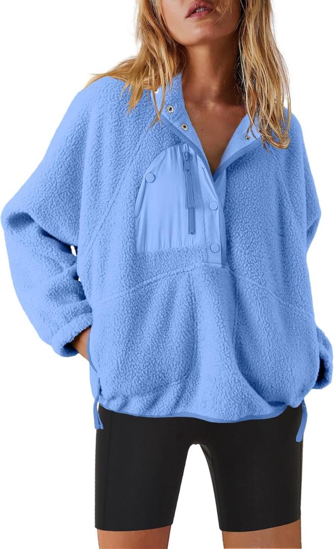 Nirovien Womens Fleece Pullover Long Sleeve Sherpa Jacket Button Down Fuzzy Sweatshirt Warm Outwear with Pockets (X-Large)