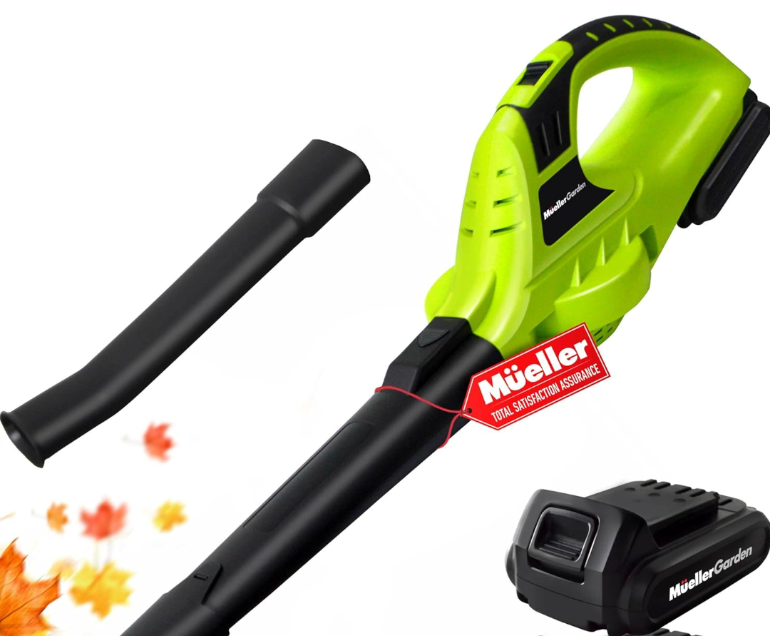 Mueller UltraStorm Cordless Leaf Blower, 20 V Powerful Motor, Electric Leaf Blower for Lawn Care, Battery Powered Leaf Blower Lightweight for Snow Blowing (Battery & Charger Included) Green