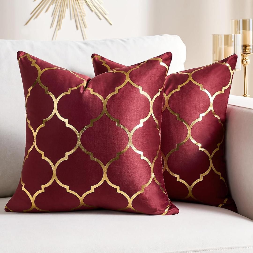 Set of 2 Wine Red Decorative Square Throw Pillow Covers 20x20 Inch Solid Velvet Soft Throw Covers Set for Couch, Square Modern Cushion Case for Patio Garden Living Room Sofa Bedroom Decor