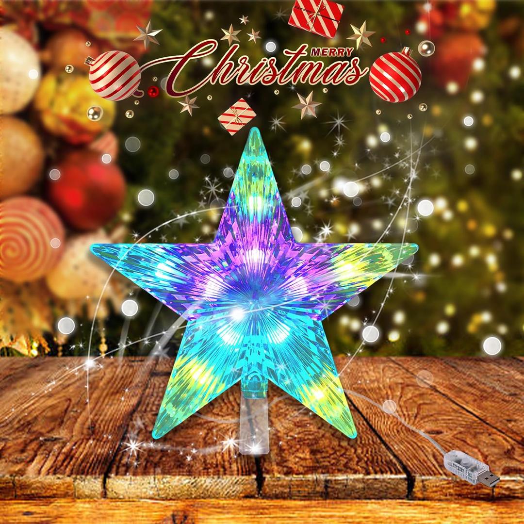 USB Christmas Star Tree Topper LightsBefoxfo9.5inch 10LED Multicolour with Versatile Remote Controller USB Powered Star Treetop Light for Xmas Tree Decoration Indoor and Outdoor