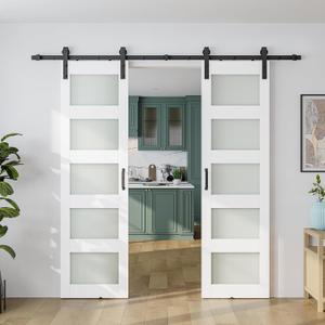 SmartStandard 48 x 84 in (Double 2484 Door) Glass Barn Door with 8FT Sliding Hardware Kit & Handle, Pre-Drilled Ready to Assemble, Waterproof PVC Coating, 5-Panel Glass, White