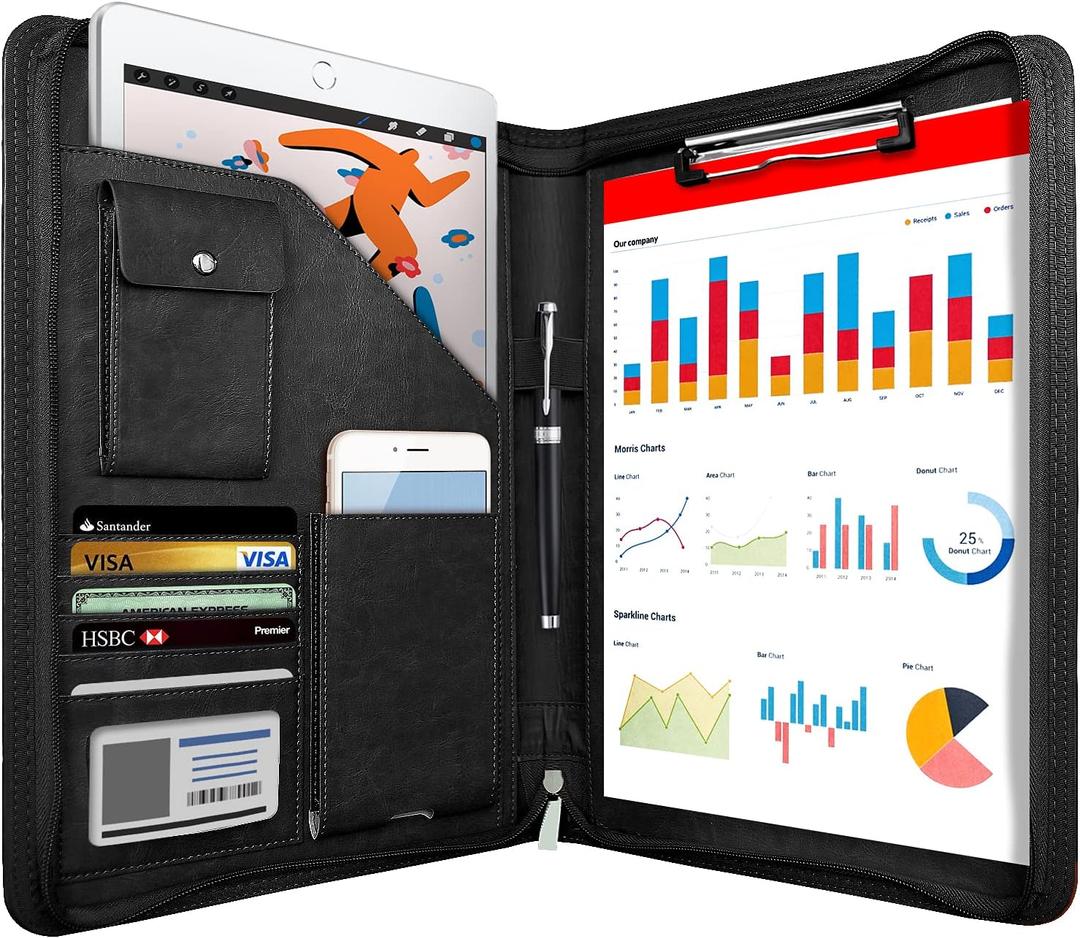 Zippered Padfolio Organizer, WRIYES Leather Planner Binder, 10.2 Inch Portfolio Folder for Documents, Letter Size Business Card Holder for Men&Women (Black)