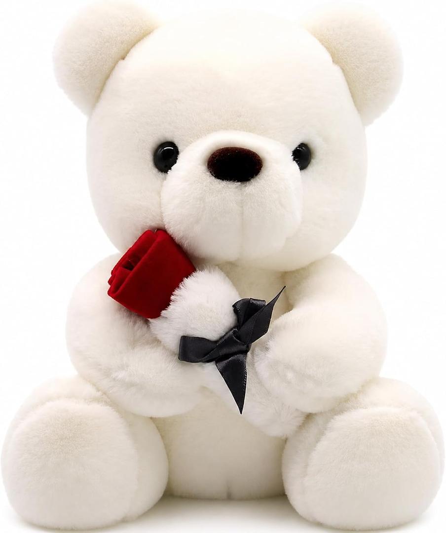 Teddy Bear Plush Stuffed Animal Valentines Teddy Bear with Rose,Sweet Bear Great Gift for Your Loved One,Girlfriend Kids Birthday, Valentine, Christmas (9.84 inches, White)
