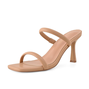 Shoe'N Tale Women's Strappy Heels Kitten Heeled Mules Two Straps Square Open Toe Slip On Sandals, Size 7.5, 
Nude