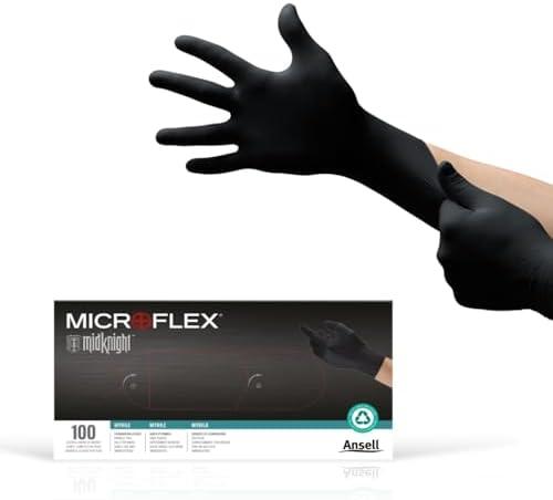 Ansell MICROFLEX MidKnight MK-296 Disposable Nitrile Gloves for Automotive w/Full Texture - Small, Black (Box of 100), L