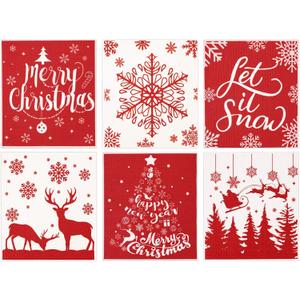 Whaline 6Pcs Christmas Swedish Dishcloths Red White Xmas Tree Snowflake Reindeer Kitchen Dish Towel Reusable for Christmas Winter New Year Baking Cooking, 6.7 x 7.7Inch