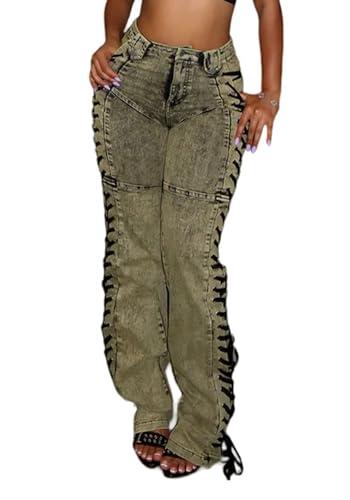 Women Straight Leg Jeans Casual Y2k High Waisted Lace UP Split Hem Jeans Slim Fit Trendy Denim Pants Green, M