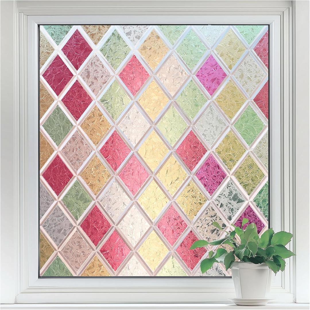 rabbitgoo Window Privacy Film, Stained Glass Window Film Decorative, Frosted Glass Privacy Covering Vinyl, Non-Adhesive Static Cling Tint Sun Blocking for Home Door, Multicolor, 35.4" x 118.1"