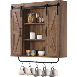RUSTOWN Rustic Wood Wall Storage Cabinet with Two Sliding Barn Door, 3-Tier Decorative Farmhouse Vintage Cabinet for Kitchen Dining, Bathroom, Living Room, Rustic Oak