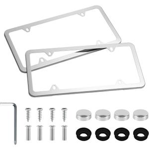 LivTee Chrome License Plate Frames, 4 Holes Stainless Steel License Plate Covers, 2PCS Car License Plate Holder, Automotive Accessories, Slim Design with Bolt and Gasket Cover for US Cars(Silver)