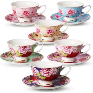 BTaT- Tea Cups and Saucers, Floral Design, Porcelain Tea Cup Sets, Dishwasher Safe, Set of 6, 8 oz, Mothers Day Gift (Multicolor)