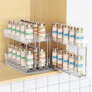 Mystozer Pull Out Spice Rack Organizer for Cabinet, Slide Out Spice Racks Organizer, Easy to Install Spice Cabinet Organizers, 2.3''Wx10.66''Dx8.11''H, 3 Packs-2 Tiers(Clear)