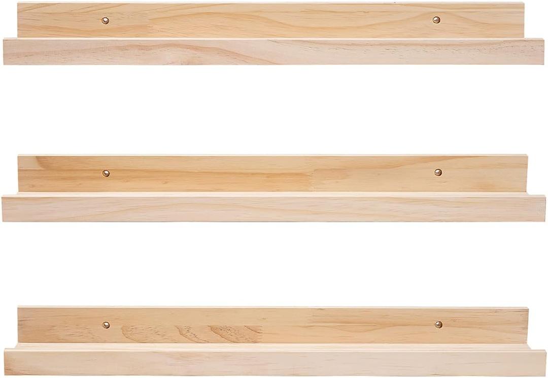 MBYD 24 Inch Floating Shelves Natural Wood Set of 3, Wall Mount Picture Ledge Wooden Wall Shelf for Home Decoration Nursery Book Shelves for Bedroom, Living Room, Office, Kitchen, 3 Same Dimensions