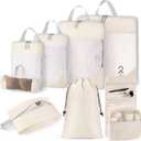 Compression Packing Cubes for Travel 8 Set Travel Organizer Bags Compression Cubes Bags Suitcase Packing Organizer Luggage Organizer Bags with Toiletries Bag and Shoe Bag Travel Essentials Beige