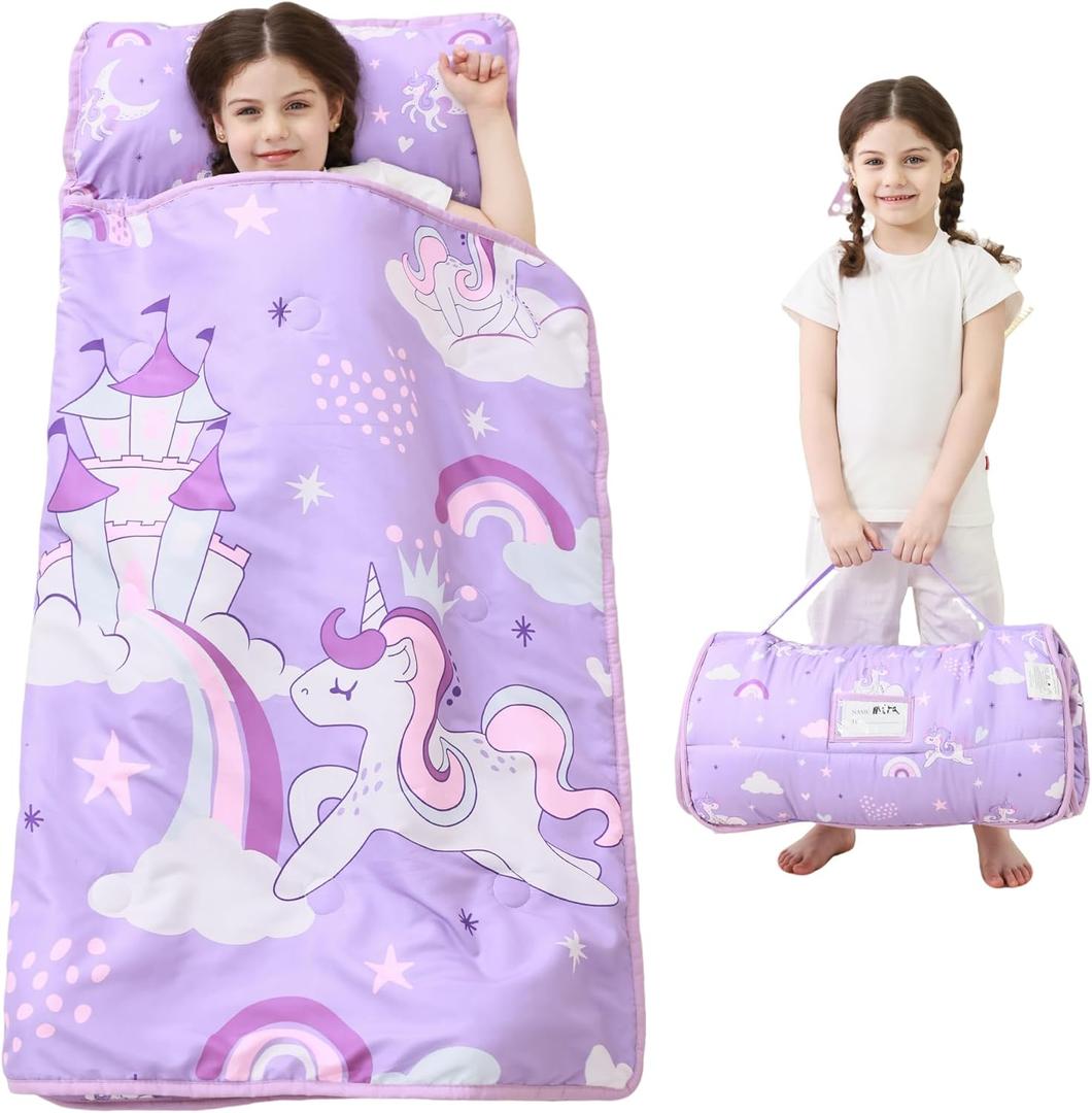 Lasoftan Toddler Nap Mat with Pillow and Blanket, Extra Large Rolled Napping Mats,Slumber Bags for Boys Girls,Kids Sleeping Bag for Daycare, Preschool Travel Camping (Purple Unicorn)