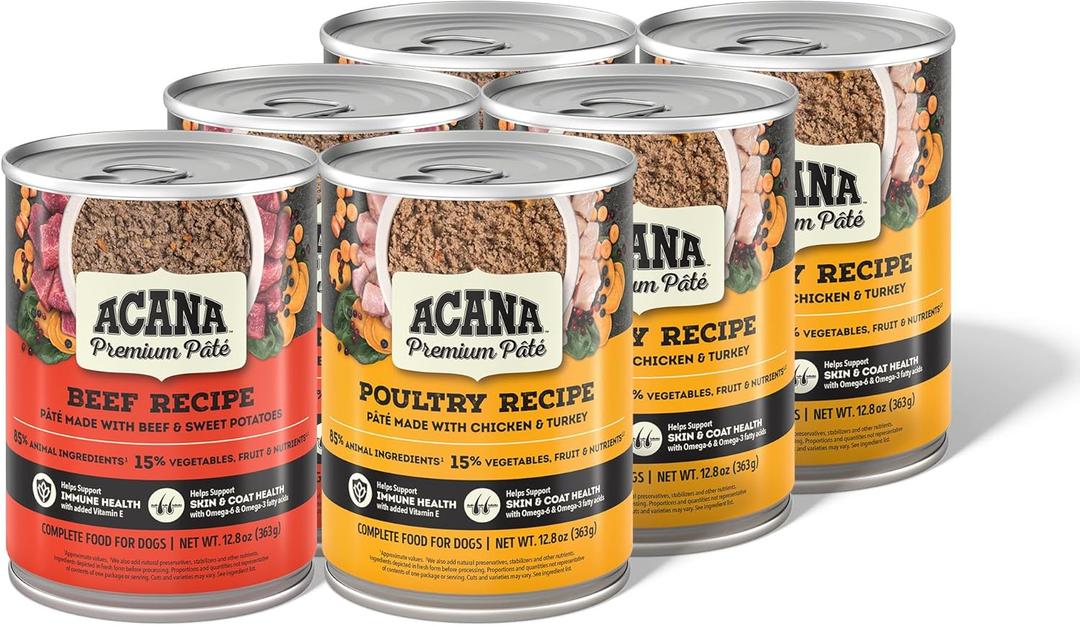 ACANA Premium Pate in Bone Broth Grain-Free Wet Dog Food Variety Pack: Beef + Poultry Recipes 12.8oz Cans (6 Count, 3 of Each)