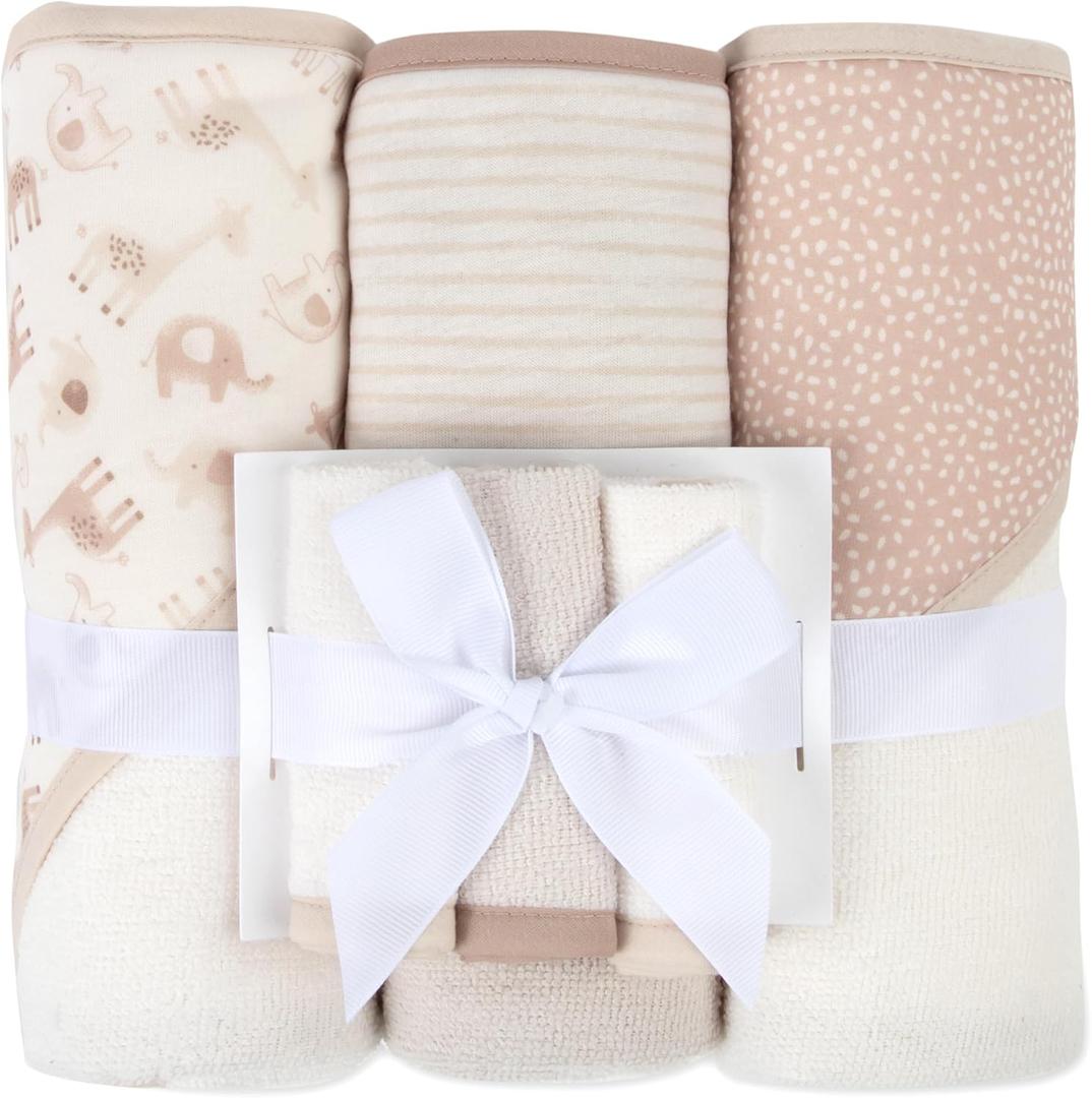 Jessica Simpson 6 Piece Printed Hooded Bath Towel and Washcloth Set for Infant, Newborns and Toddlers 3  24 Months for Bath Time, Showers, Lounge, Beach and Pool (6 Piece Zoo Animals Print)