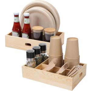 Utensil Holder for Party,Paper Plate Holders,Wood Silverware Organizer for Kitchen Countertop,Silverware Caddy,Essentials for Parties,Cutlery Flatware Organizer for Spoons Forks Napkins Cup,Set of 2