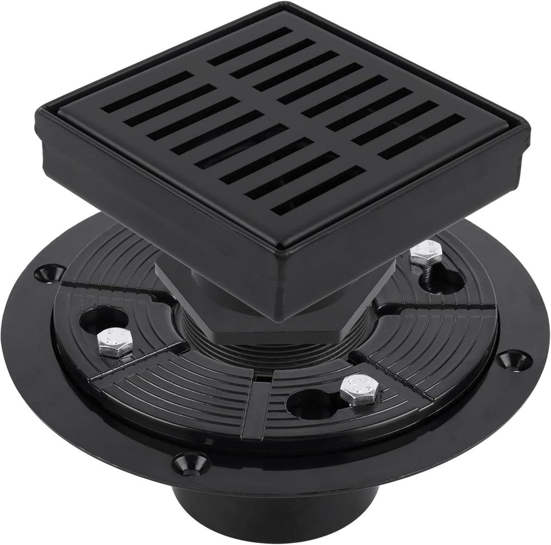 4 Inch Black Shower Drain with Adjustable Shower Drain Base Flange, SUS 304 Stainless Steel Floor Drain with Removable Cover Line Grate Top Plate, Matte Black Finished