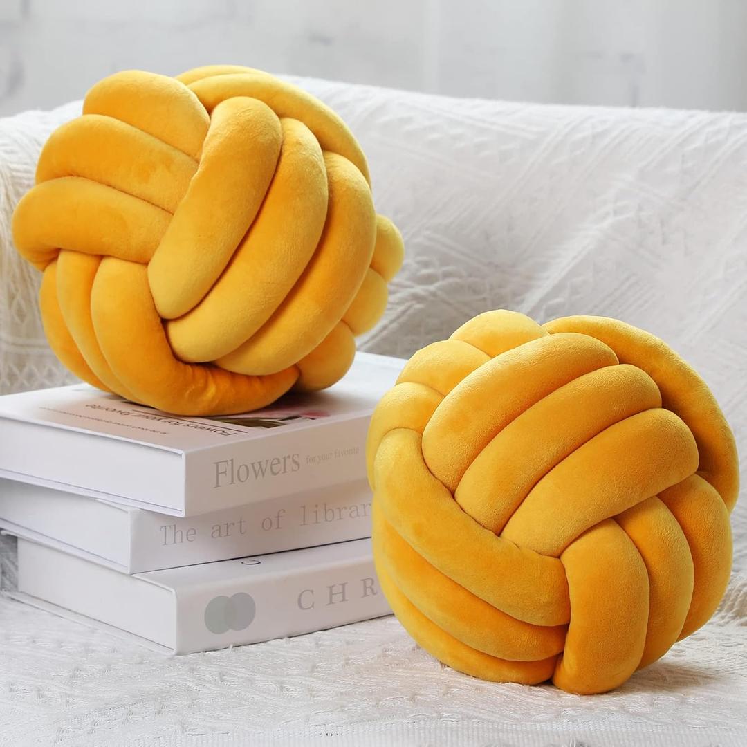 Namalu 2 Pcs Soft Knot Pillow Ball, Decorative Round Throw Knotted Pillows Cushion, Handmade Stuffed Ball Pillows for Winter Bedroom Sofa Couch Home Decor(7.87 Inches,Ginger Yellow)