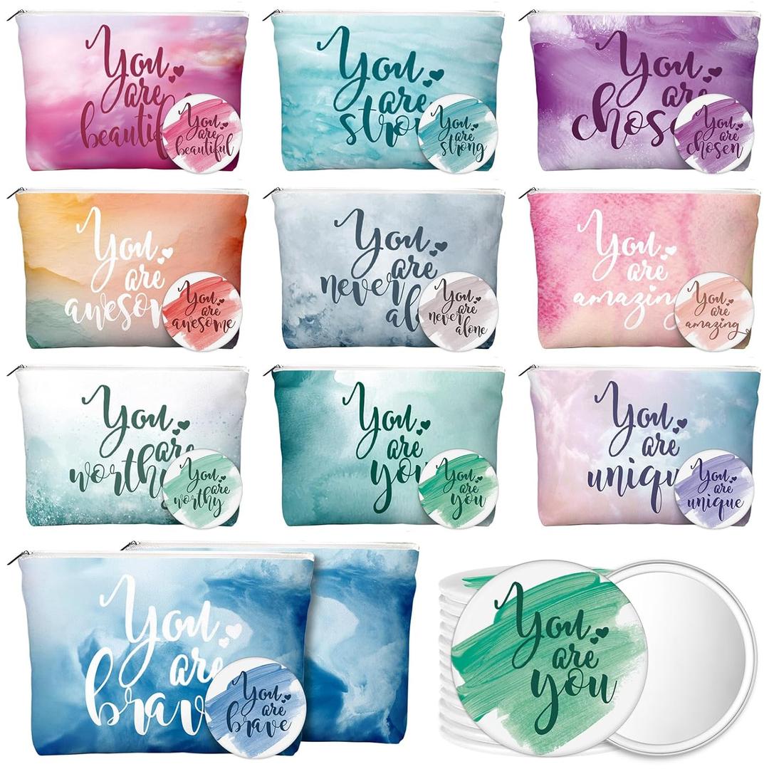 20 Pcs Employee Appreciation Gifts 10 Inspirational Canvas Makeup Bags 10 Compact Mirrors Bulk Cosmetic Bags Round Portable Pocket Mirror Thank You Gifts for Women (Inspiration)
