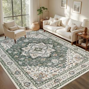 5x7 Area Rugs Living Room Rug: Washable Vintage Boho Medallion Rug No Slip Stain Resistant Soft Carpet Indoor Large Carpets for Bedroom Dining Room Farmhouse Nursery Hallway Home Office Green Ivory
